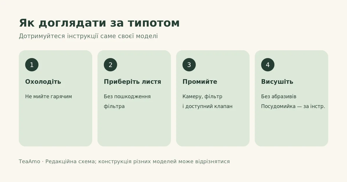 Чотири кроки догляду за типотом: охолодити, прибрати листя, промити фільтр і висушити